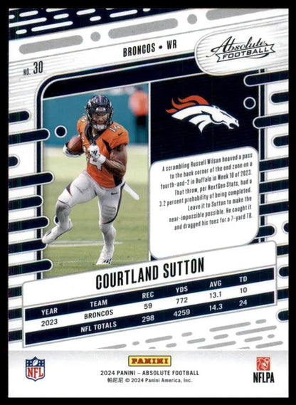 Football card featuring Courtland Sutton from 2024 Panini Absolute Green NFL collection