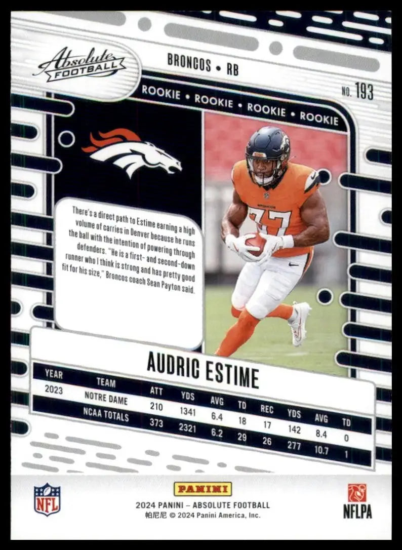 2024 Panini Absolute Green Rookie Audric Estime #193 Denver Broncos Football NFL - Football Card