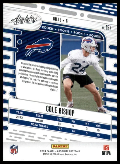 Back of 2024 Panini Absolute Green Rookie Cole Bishop football card with stats and bio