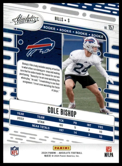 2024 Panini Absolute Rookie Cole Bishop football card featuring Buffalo Bills NFL stats