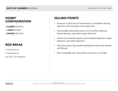 2024 Panini Boys of Summer Baseball Hobby Box with jumbo prospect materials and signatures