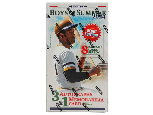 Baseball card box featuring player in black and white uniform for 2024 Panini memorabilia card