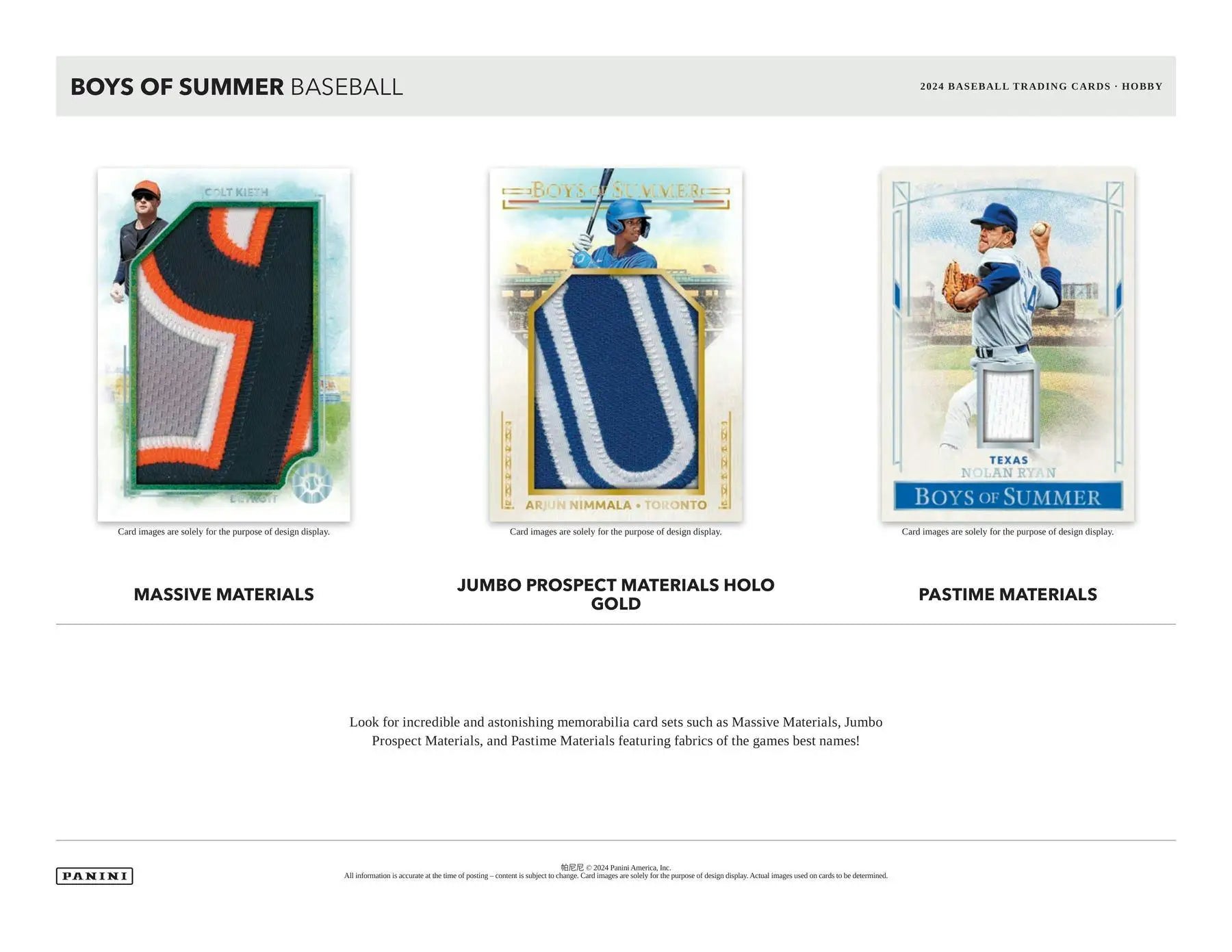 Baseball cards with jersey swatches from 2024 Panini Boys of Summer Hobby Box featuring American Glory Signatures