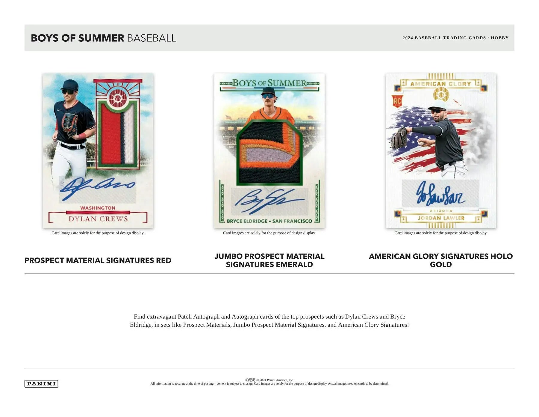 Baseball cards with prospect material signatures and jumbo prospect materials in 2024 Panini Boys of Summer Hobby Box