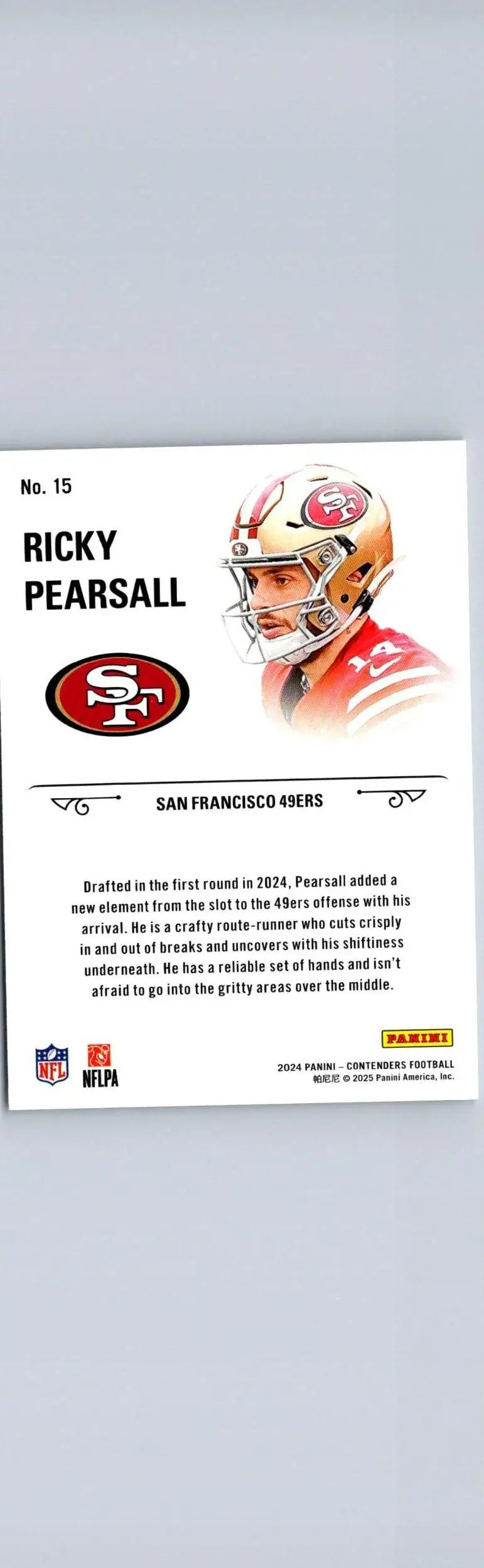 Ricky Pearsall rookie football card from 2024 Panini Contenders Pearsall Rookie Stallions