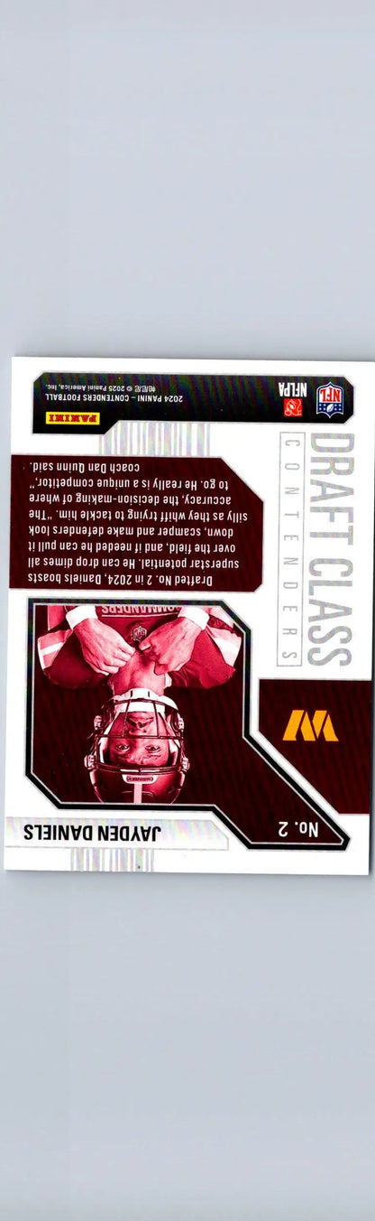 Football trading card featuring Jayden Daniels and team logo from 2024 Panini Contenders