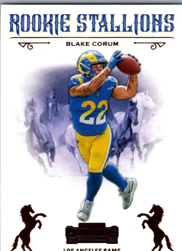 Los Angeles Rams Blake Corum rookie football card from 2024 Panini Contenders Corum Rookie Stallions Bronze