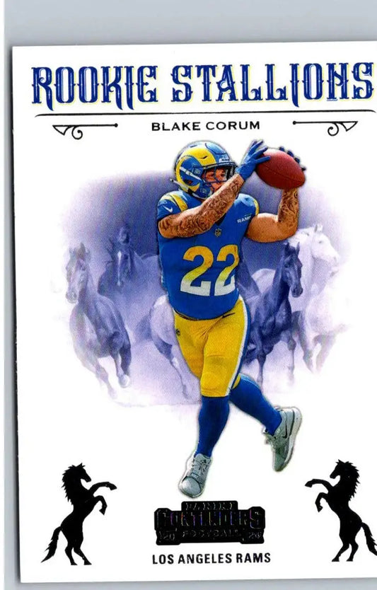Football trading card of Blake Corum Rookie Stallions from 2024 Panini Contenders