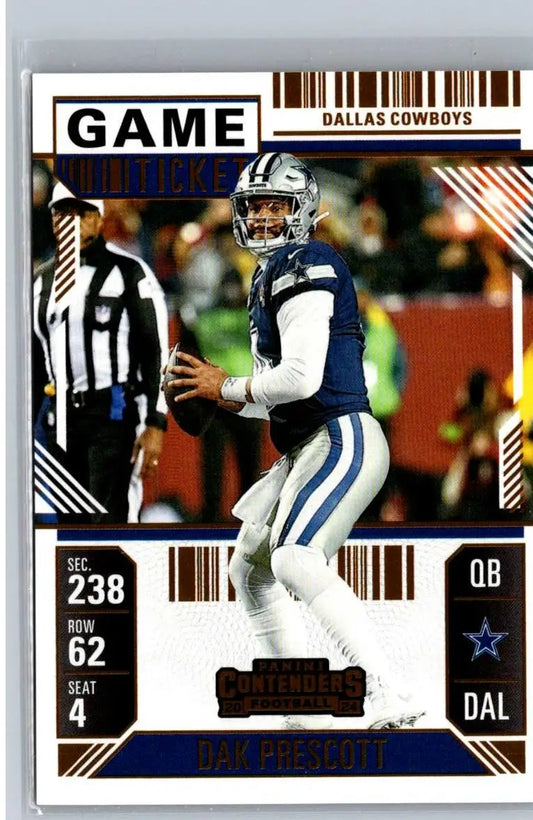 Dak Prescott football card from 2024 Panini Contenders featuring Prescott game ticket design