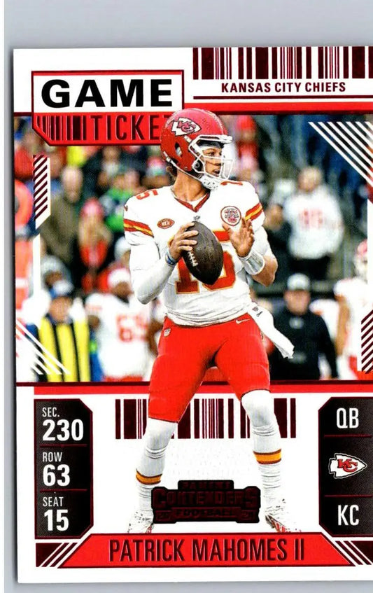 Patrick Mahomes II football trading card from 2024 Panini Contenders Mahomes II game ticket red