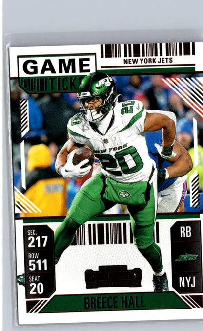 Breece Hall New York Jets football card from 2024 Panini Contenders Hall Game Ticket Bronze