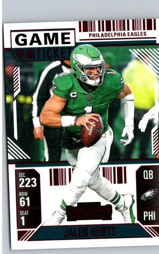 Jalen Hurts football card from 2024 Panini Contenders Hurts Game Ticket Bronze