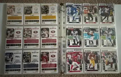 Binder of collectible Panini Contenders Football trading cards from a complete football set