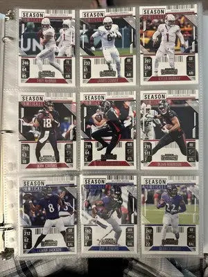 Binder page with nine collectible Panini Contenders Football cards from the complete set