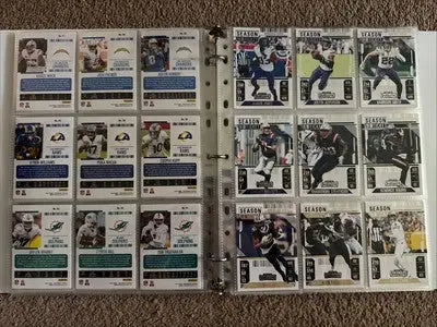 Football trading cards in protective sleeves from 2024 Panini Contenders Football complete set