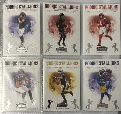 Collection of six Panini Contenders Football trading cards in protective sleeves for football complete set