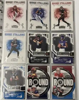 Binder page with nine collectible Panini Contenders Football trading cards from the complete set
