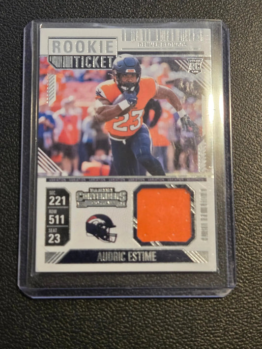 Football trading card featuring Audric Estime in Broncos uniform with jersey swatch, Estime Rookie Ticket