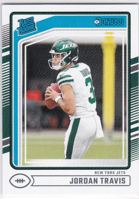 Jordan Travis Rated Rookie 2024 Panini Donruss football card for New York Jets fans