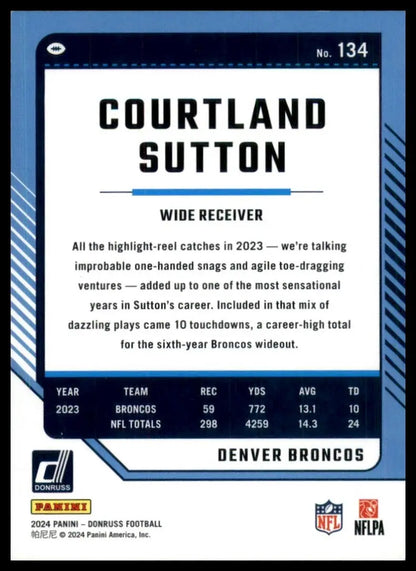 Football card of Courtland Sutton Denver Broncos wide receiver with 2023 and career stats