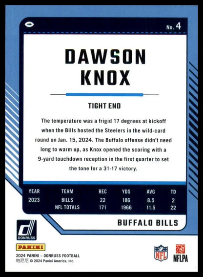 Back of Dawson Knox Buffalo Bills football card from 2024 Panini Donruss product
