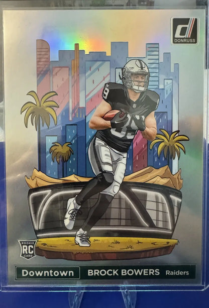 Brock Bowers Raiders football card from 2024 Panini Donruss Downtown collection
