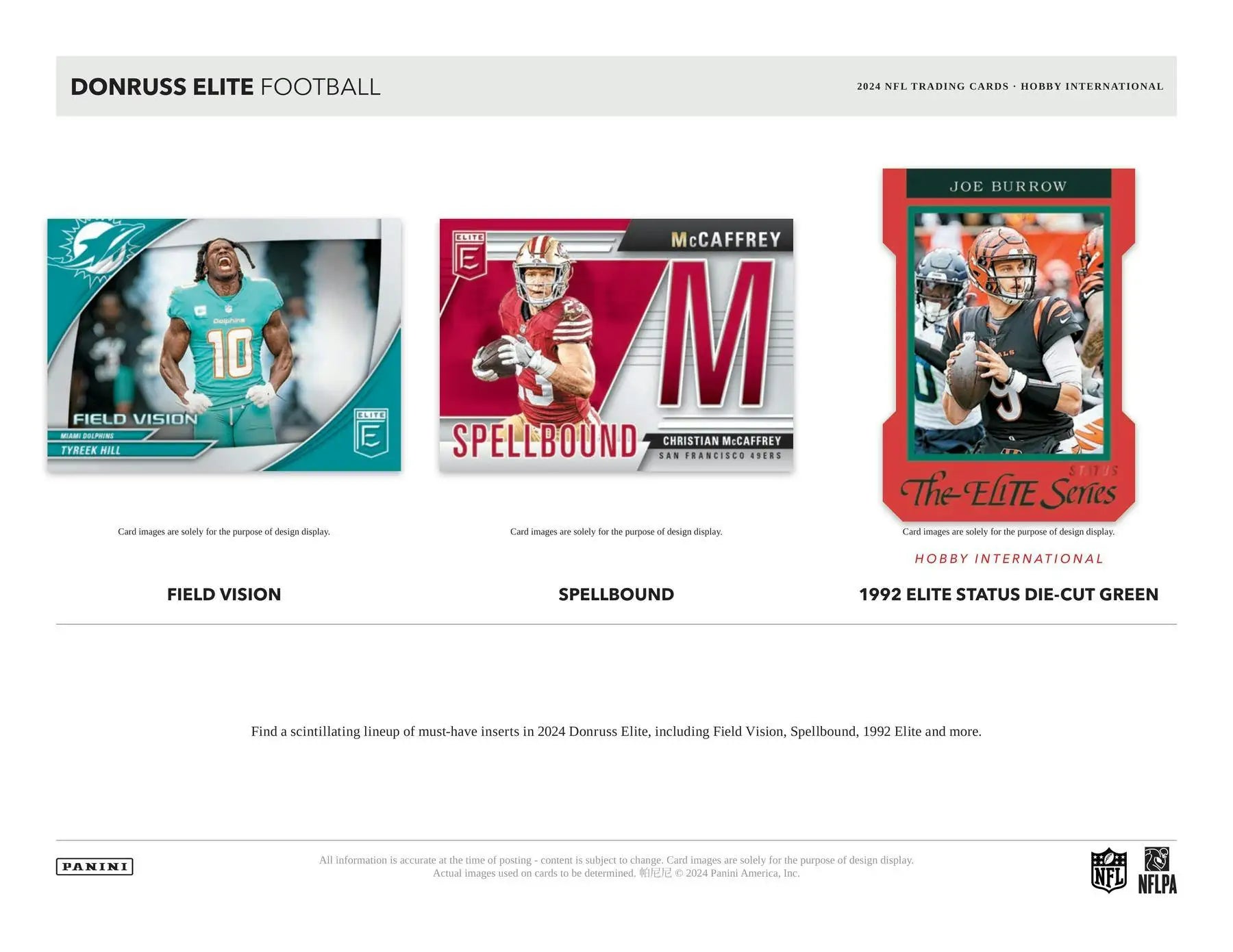 Football trading cards from the 2024 Panini Donruss Elite Football International Hobby Box featuring Donruss Elite cards
