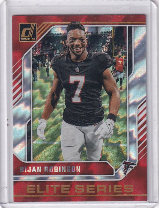 Football trading card featuring Bijan Robinson in a black jersey from Panini Donruss Elite Series