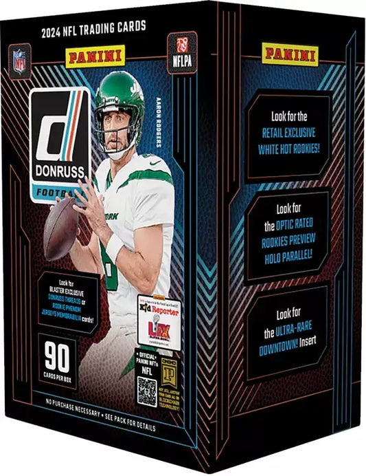 2024 Panini Donruss Football Blaster Box with trading card featuring player in green and white