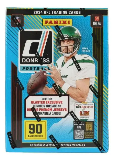 Sealed 2024 Panini Donruss Football blaster box featuring Aaron Rodgers NFL trading cards