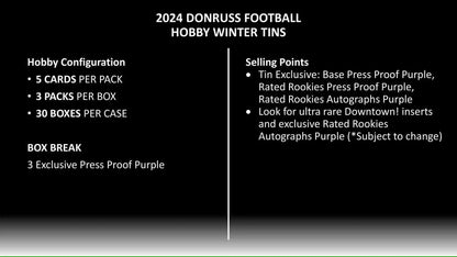 2024 Panini Donruss Football Winter Holiday Tin with press proof cards and product info
