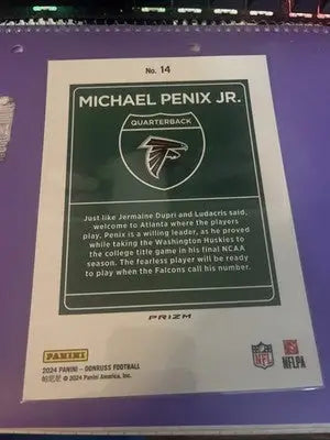 Michael Penix Jr Prizm trading card featuring Atlanta Falcons logo from Panini Donruss 2024