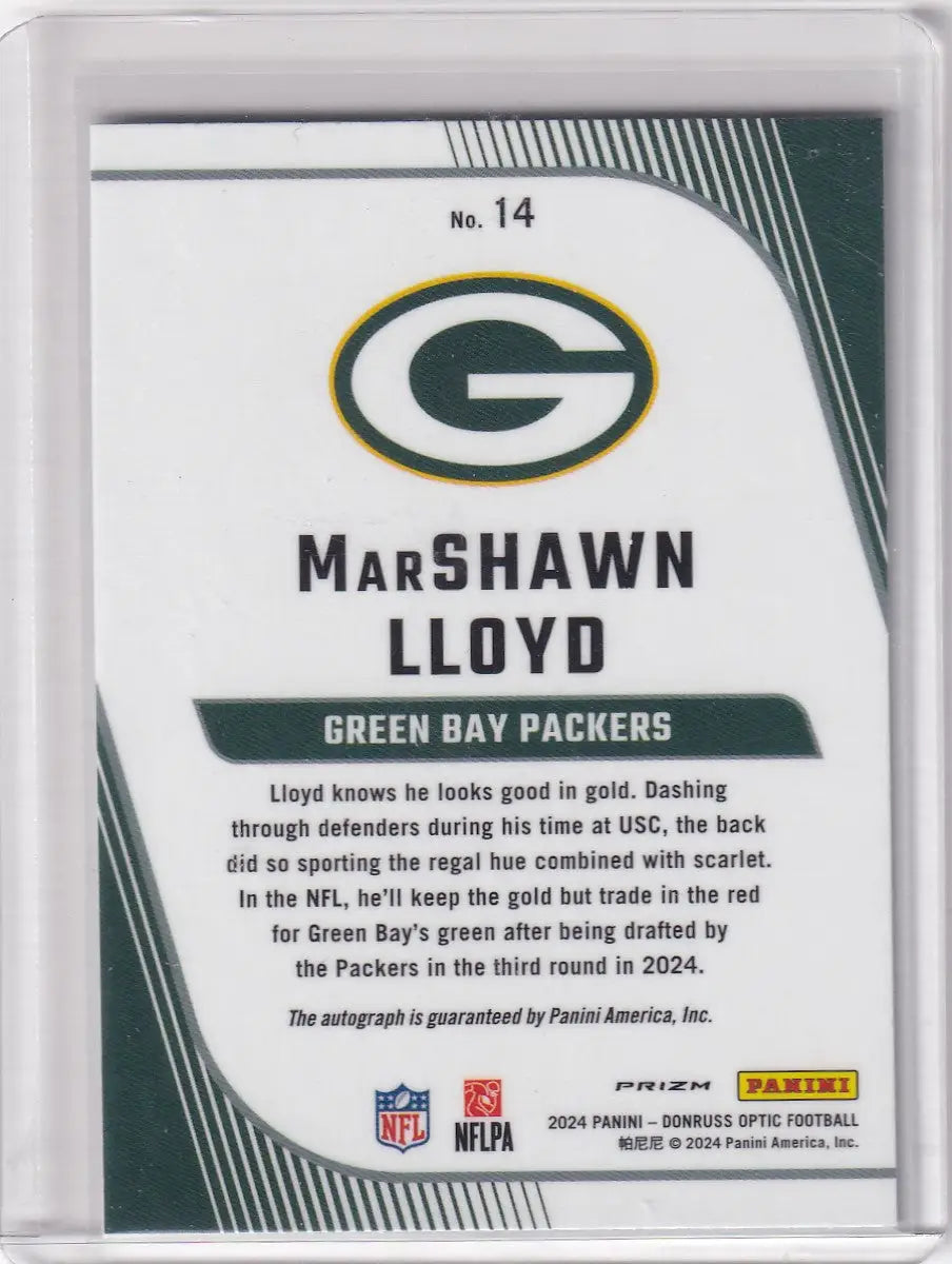 Back of a Green Bay Packers Panini Donruss Optic trading card featuring MarShawn Lloyd