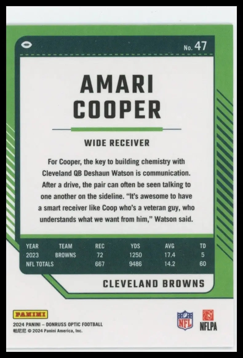 Back of a 2024 Panini Donruss Optic Amari Cooper football card NFL Cleveland Browns