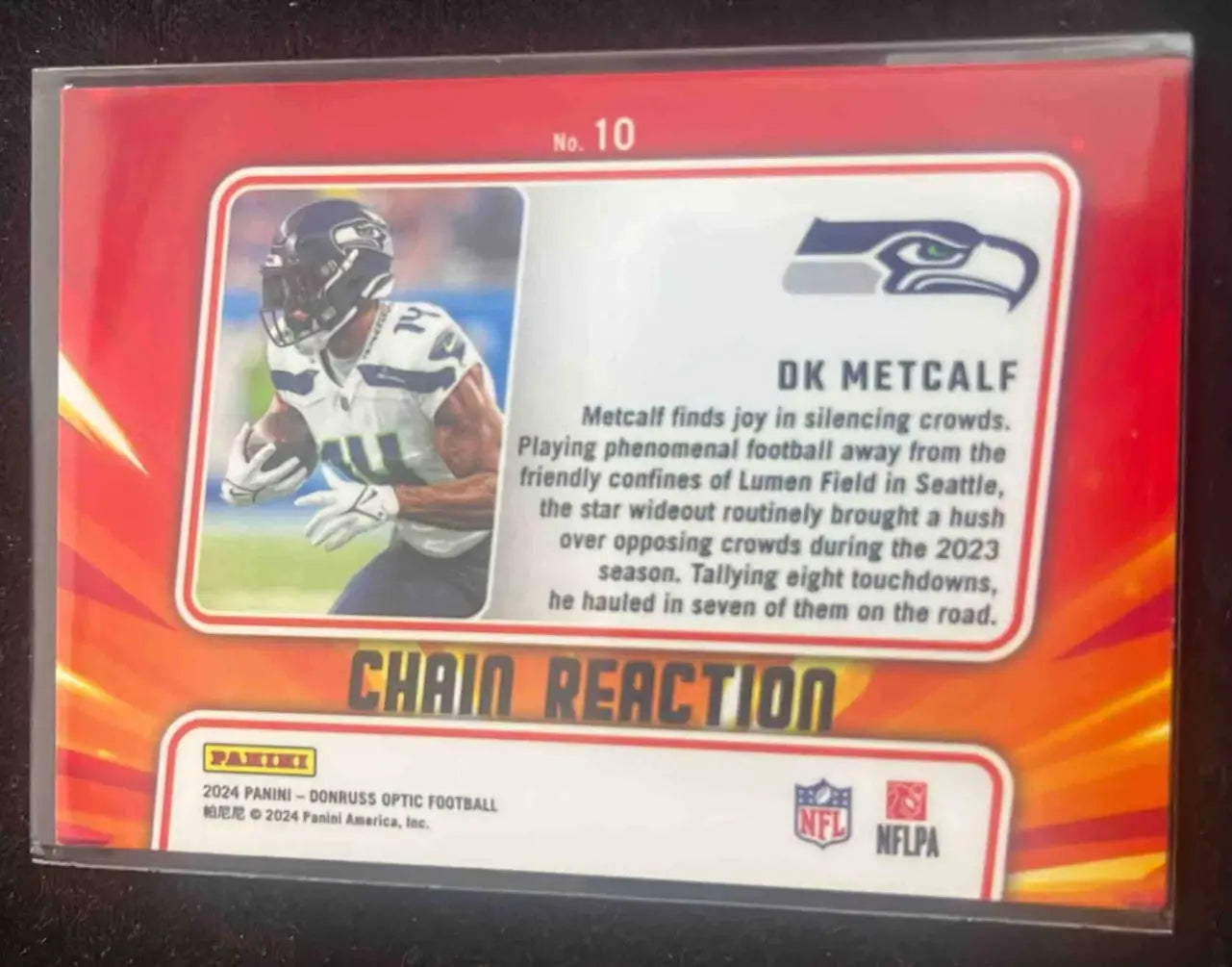 Football trading card featuring DK Metcalf of the Seattle Seahawks from Panini Donruss Optic Metcalf Chain Reaction series