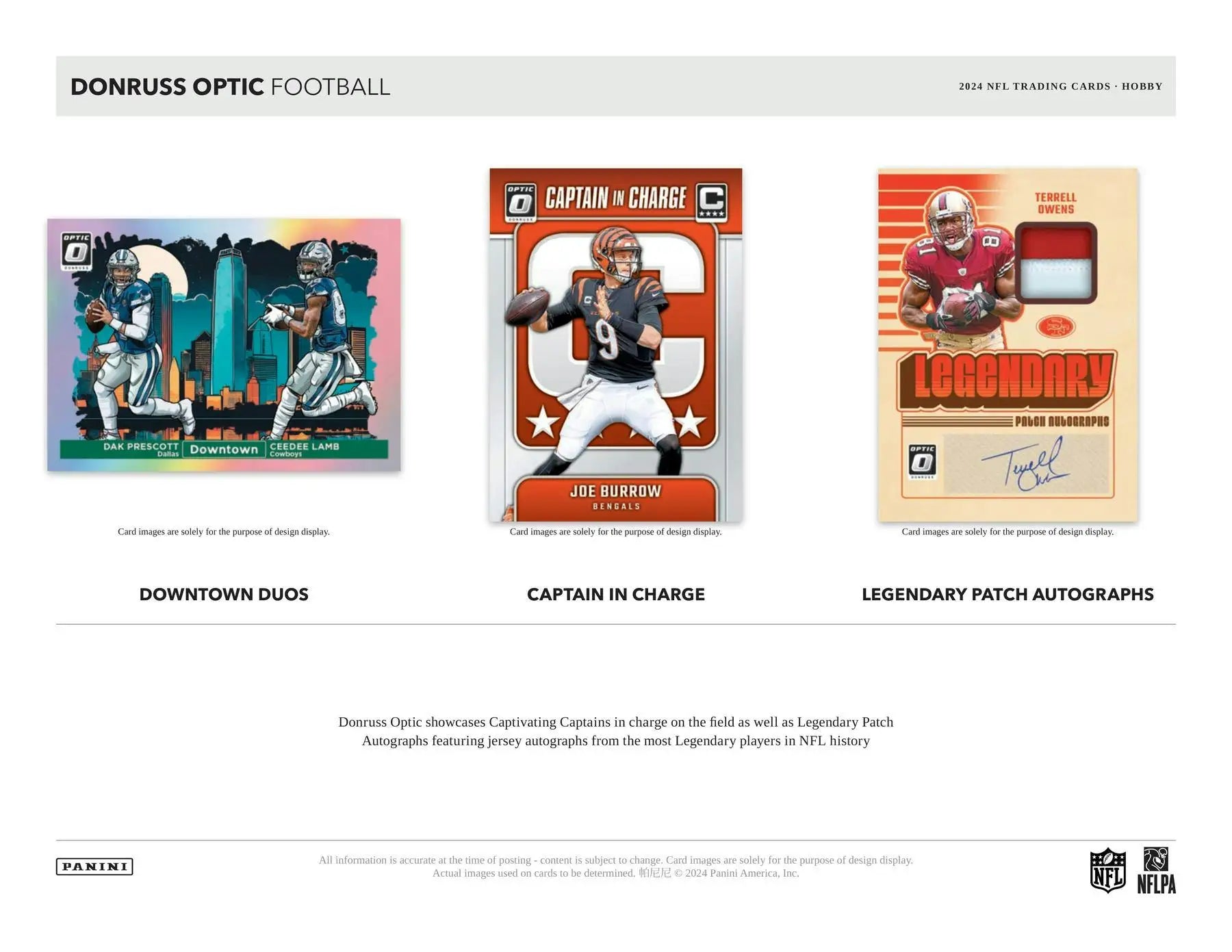 Football trading cards from 2024 Panini Donruss Optic Football Hobby Box featuring autograph card