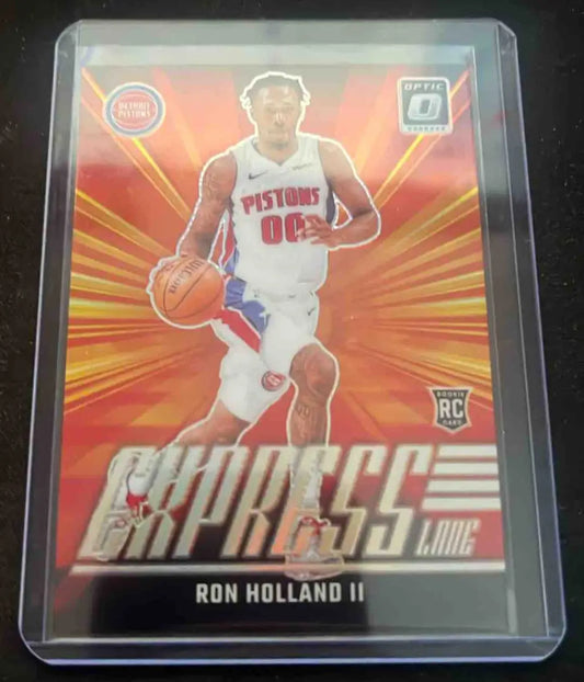 Basketball trading card featuring Ron Holland II in Detroit Pistons uniform from Panini Donruss Optic