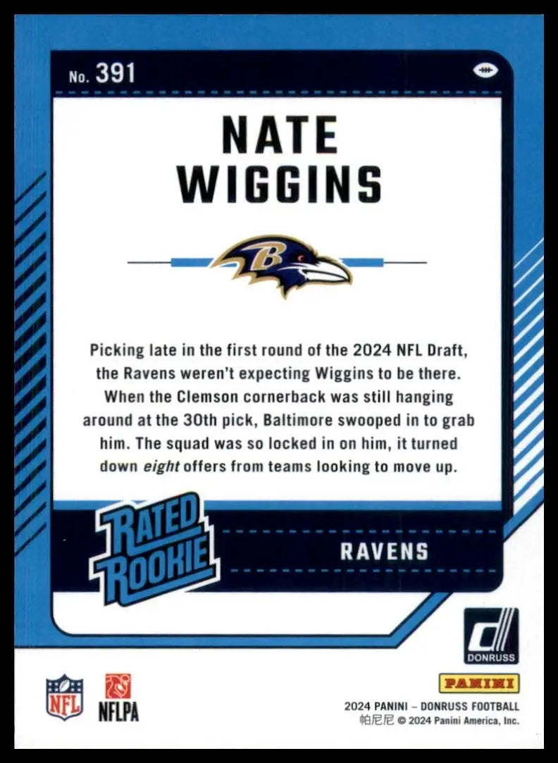 Collectible football card featuring Nate Wiggins Rookie from 2024 Panini Donruss NFL series