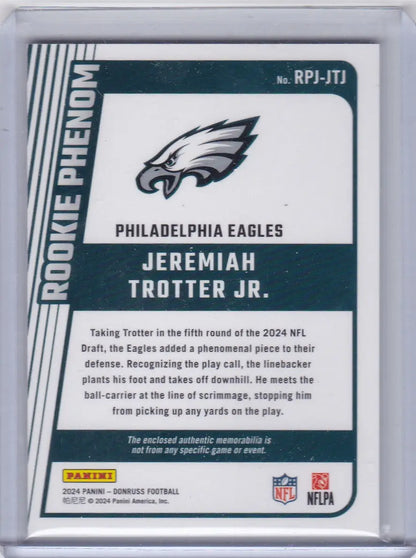Back of Panini Donruss Rookie Patch Jeremiah Trotter Jr Philadelphia Eagles football card