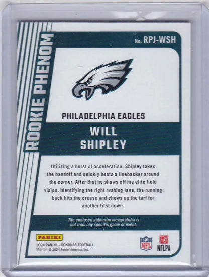 Philadelphia Eagles Will Shipley football trading card from 2024 Panini Donruss Rookie Phenom series