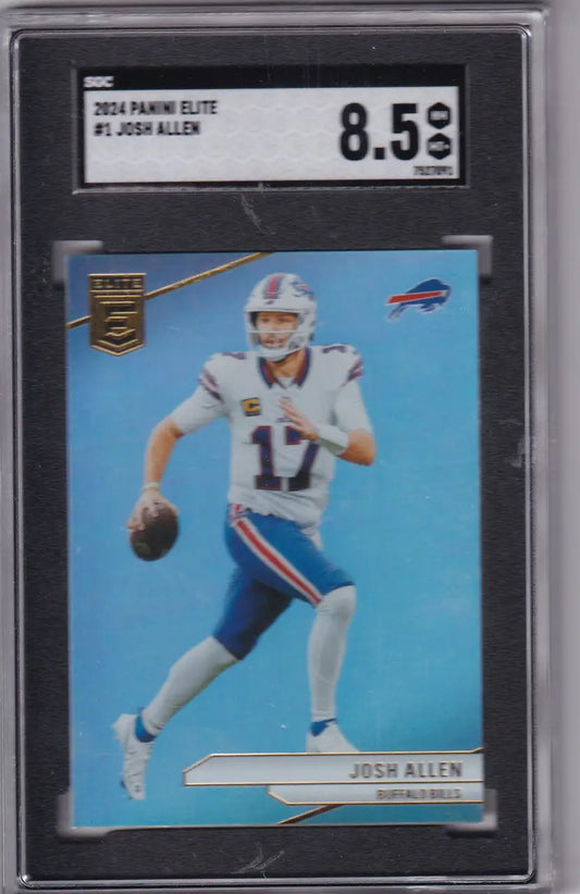 Graded Josh Allen SGC 8.5 football card from 2024 Panini Elite, Buffalo Bills collectible