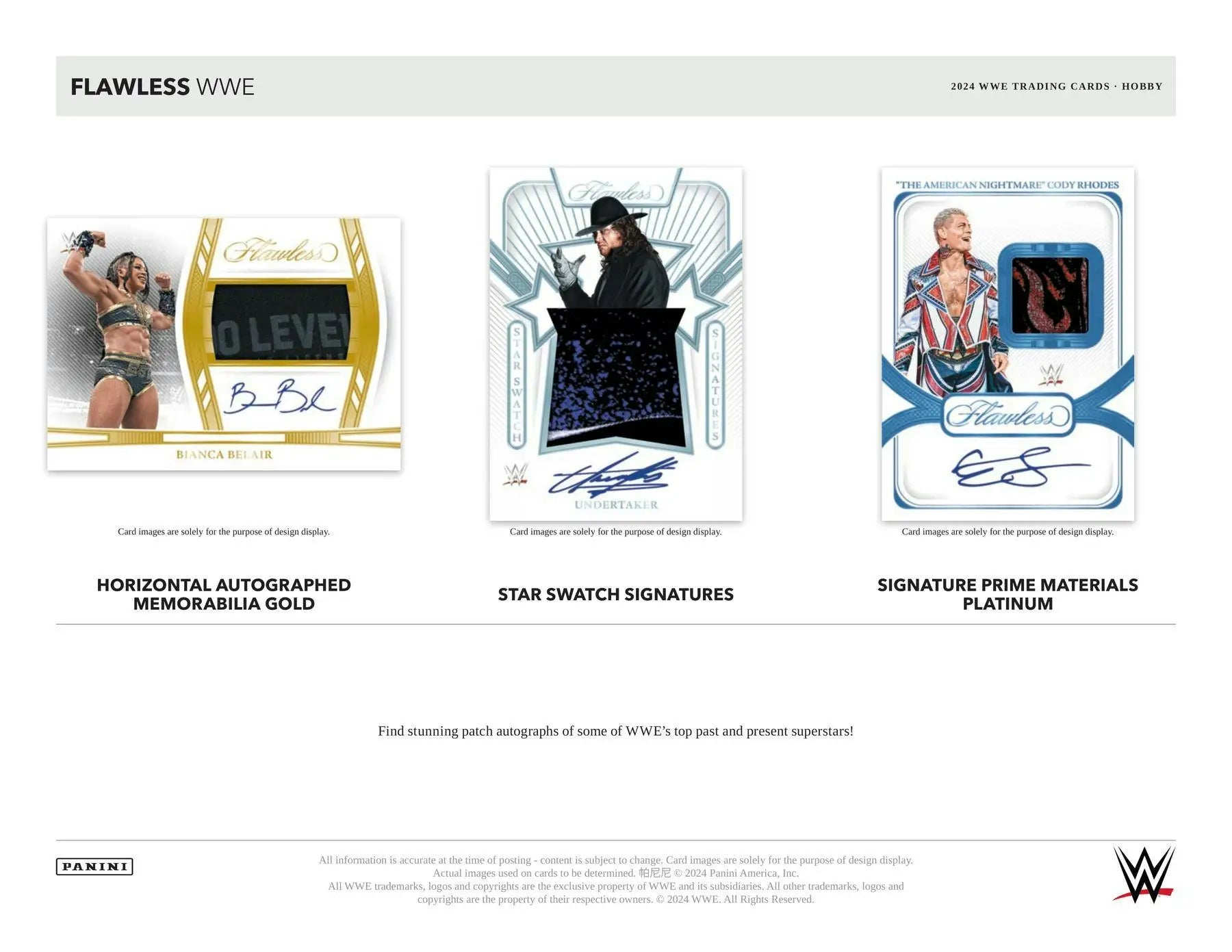 WWE trading cards from 2024 Panini Flawless WWE Wrestling Hobby Box with eight autographs and two gems