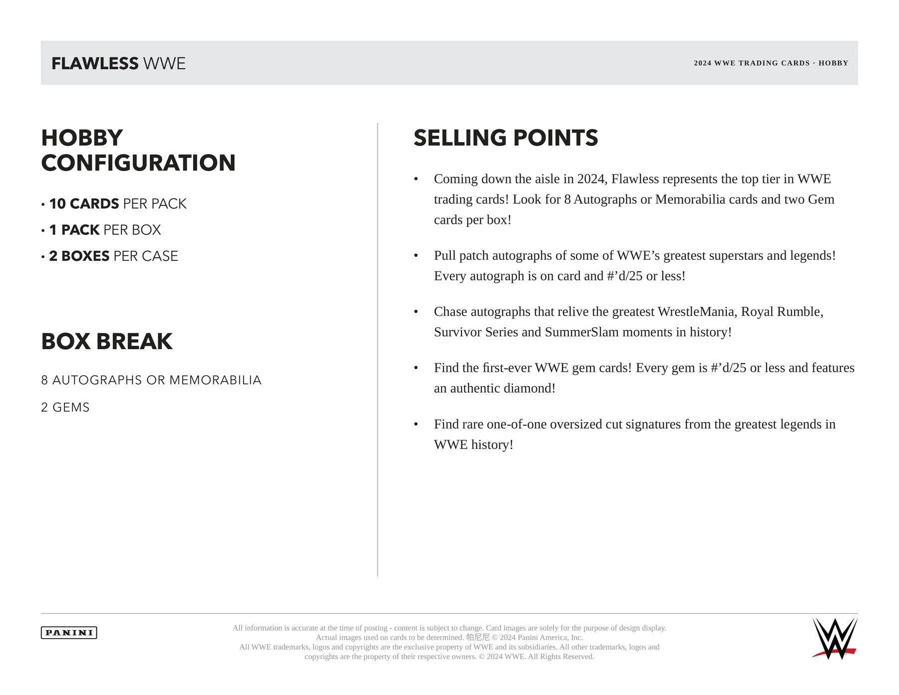 WWE trading card product info for 2024 Panini Flawless WWE Wrestling Hobby Box with eight autographs and two gems