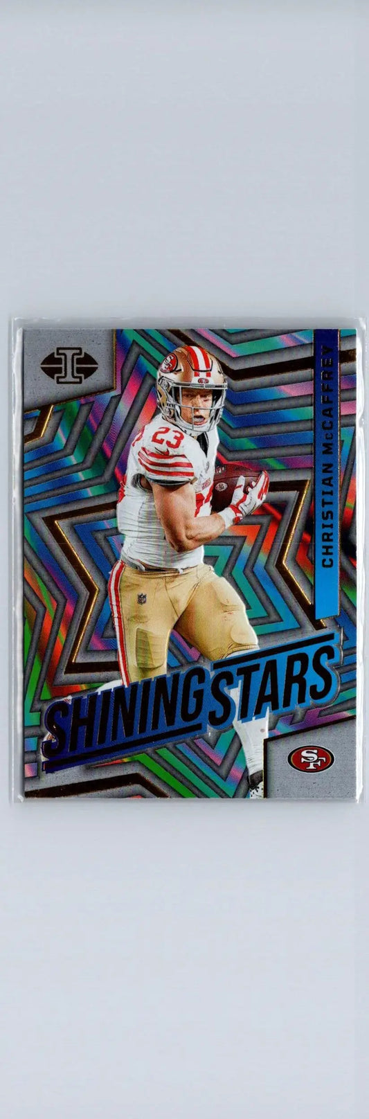 Christian McCaffrey football card from 2024 Panini Illusions Christian McCaffrey Shining Stars series