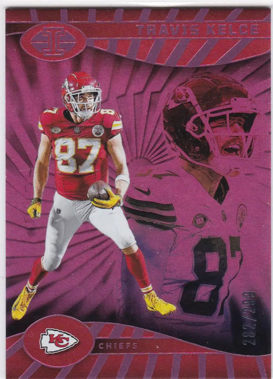 Travis Kelce football card from 2024 Panini Illusions Pink Trophy Collection 282/299