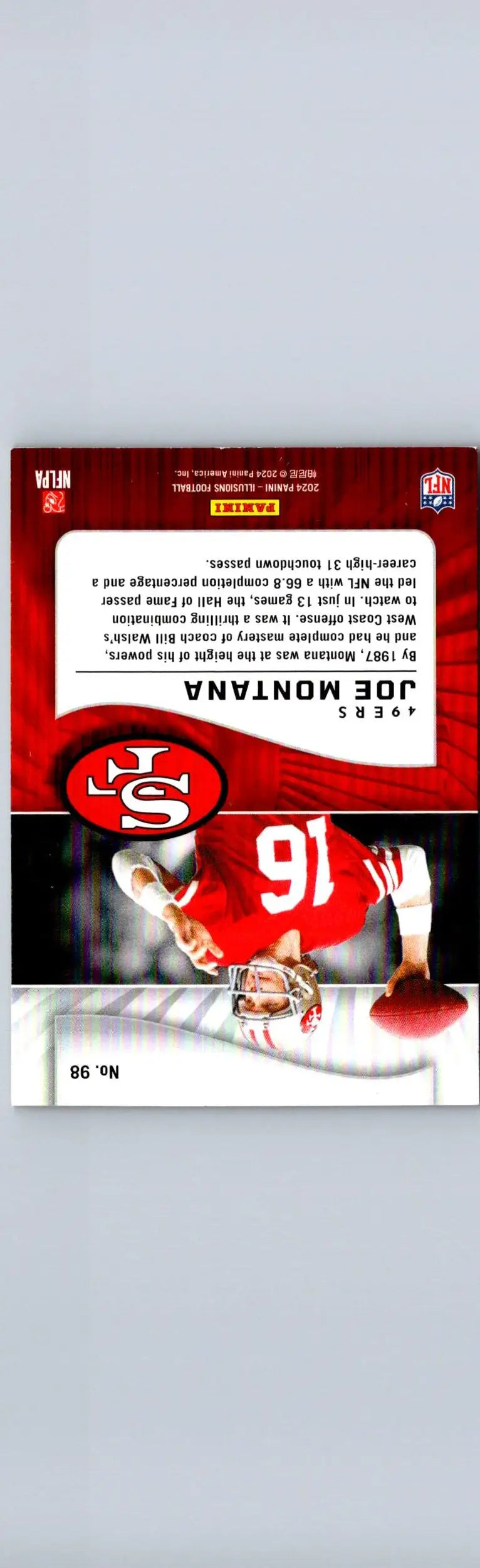 Joe Montana football trading card from 2024 Panini Illusions featuring Joe Montana Emerald Trophy