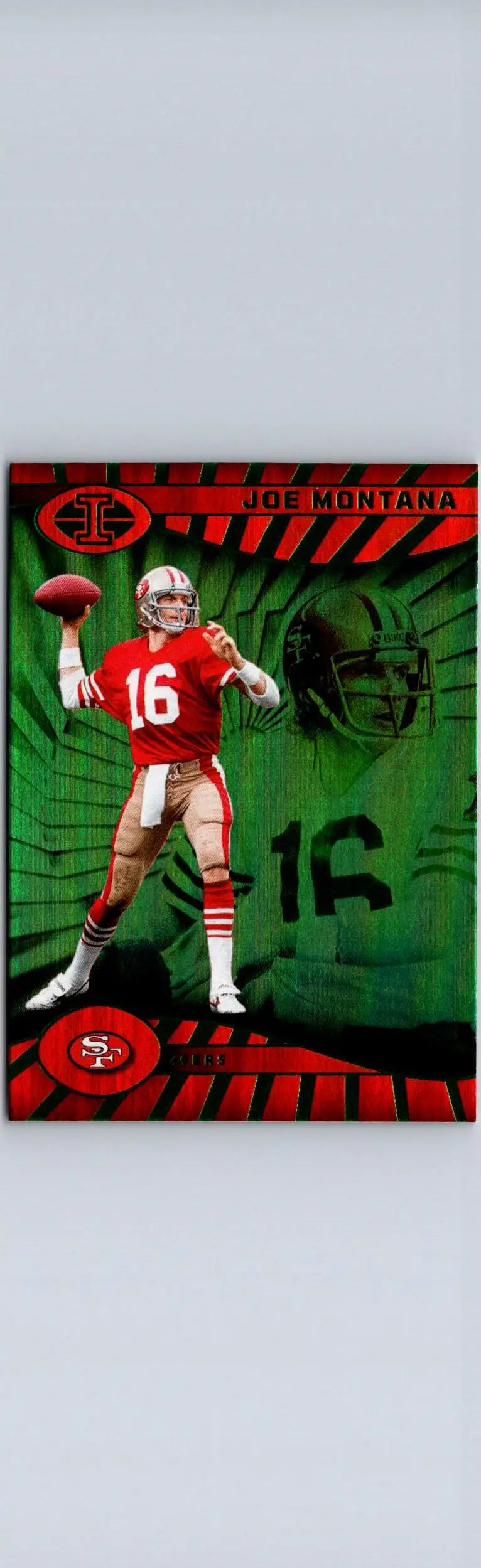 Vibrant Joe Montana football card with bold green and red design in 2024 Panini Illusions
