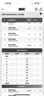 Mobile app showing card grading and population reports for Panini Illusions Drake Maye
