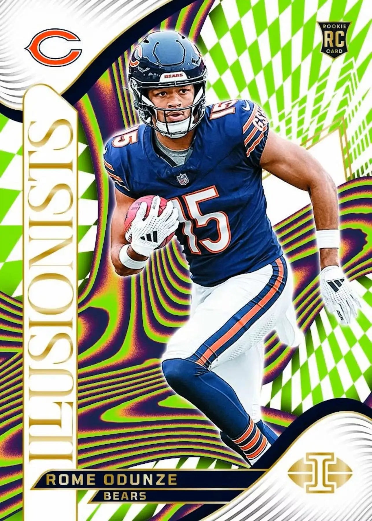 Football trading card from 2024 Panini Illusions Football Hobby featuring illusions football and patch autographs