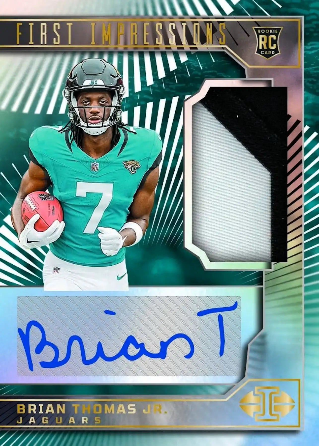 Brian Thomas Jr Rookie Card from 2024 Panini Illusions Football Hobby with Patch Autographs